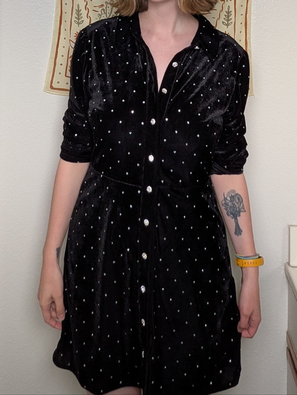 Zara Black Velvet Silver Rhinestone Button Up Collared Holiday Mini Dress large